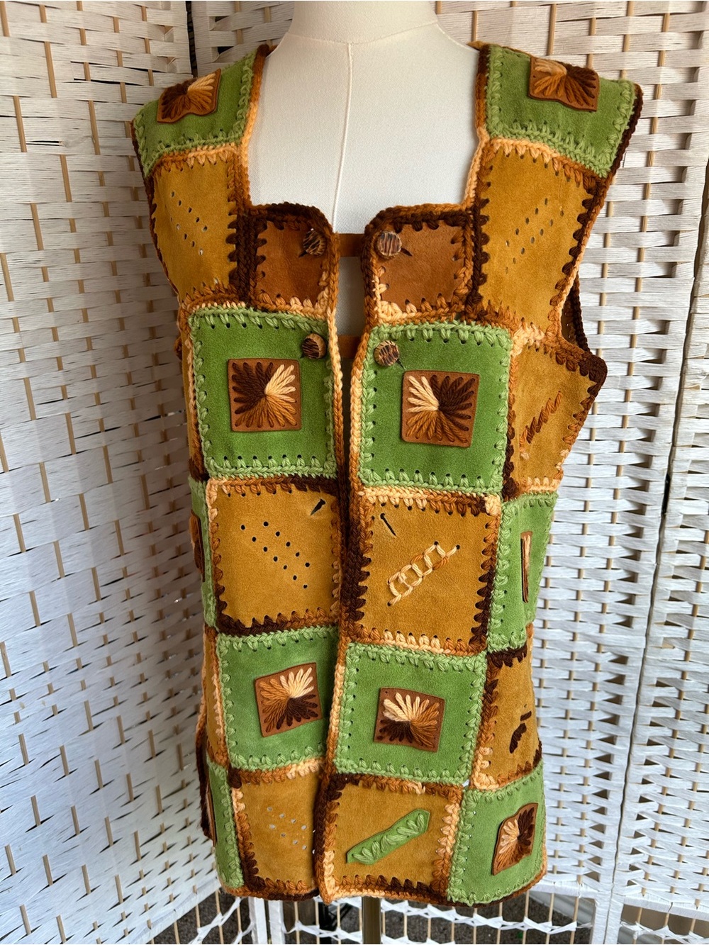 Vintage 70s Crochet Suede Patchwork Vest Hippie Boho Folk Art Western M-L